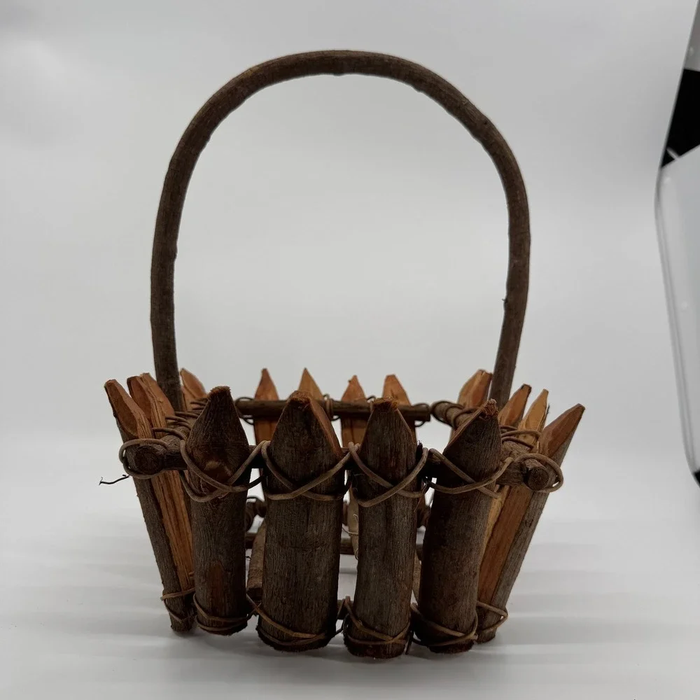 Vtg Rustic Twig Wood Basket Primitive Split Wood Handmade Farmhouse Gathering